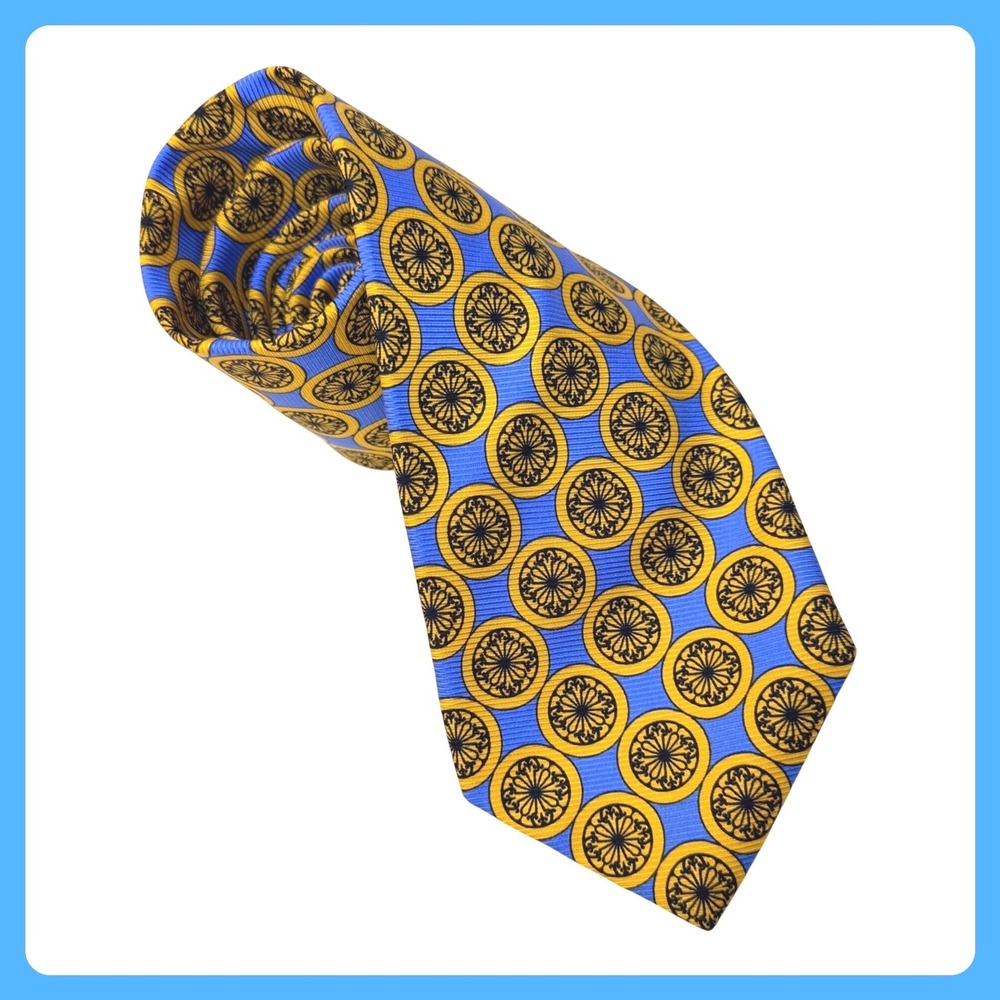 Ben Silver Cravate Silk Tie Men 3.25" Blue Yellow Medallion Spoleto SC USA 90s
